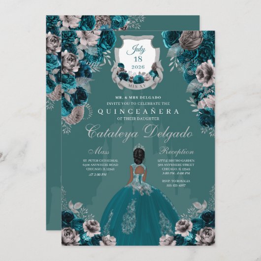 Castle Quinceañera, blauwgroen en zilver Kaart (Voorkant / Achterkant)