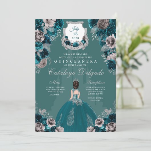 Castle Quinceañera, blauwgroen en zilver Kaart (Staand voorkant)