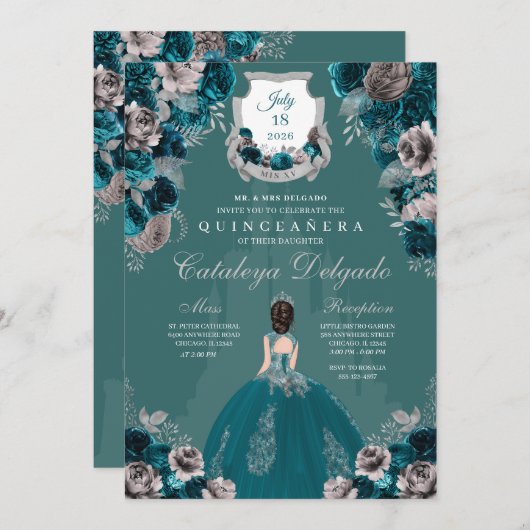 Castle Quinceañera, blauwgroen en zilver Kaart (Voorkant / Achterkant)