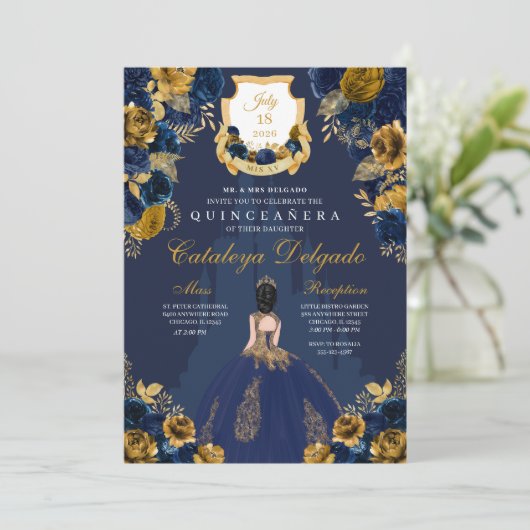 Castle Quinceañera, Navy Blue en Gold Princess Kaart (Staand voorkant)