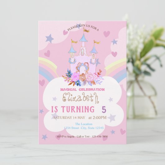 Castle Rainbow Cloud Birthday Uitnodiging (Staand voorkant)