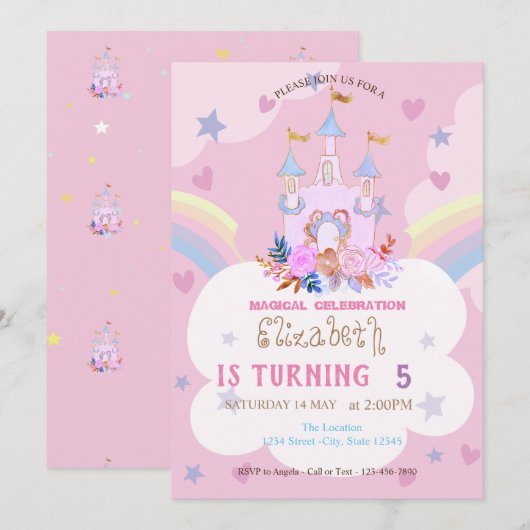 Castle Rainbow Cloud Birthday Uitnodiging (Voorkant / Achterkant)