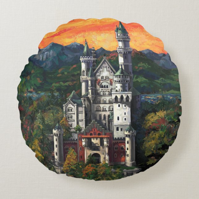 Castle Schloss Neuschwanstein Rond Kussen (Voorkant)