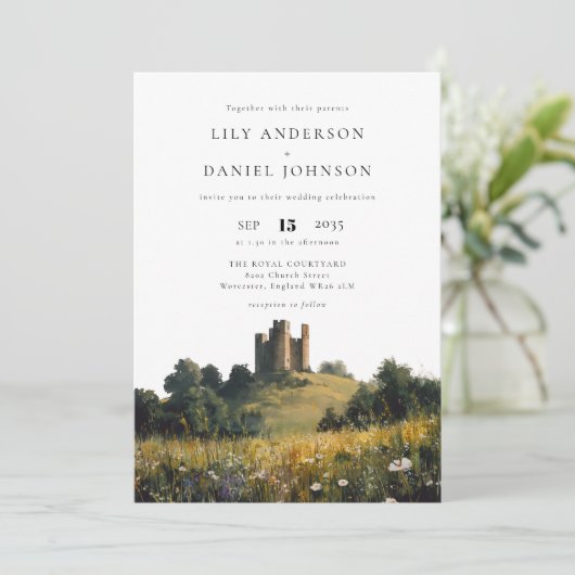 Castle Wildflowers Floral QR Code Wedding Kaart (Staand voorkant)