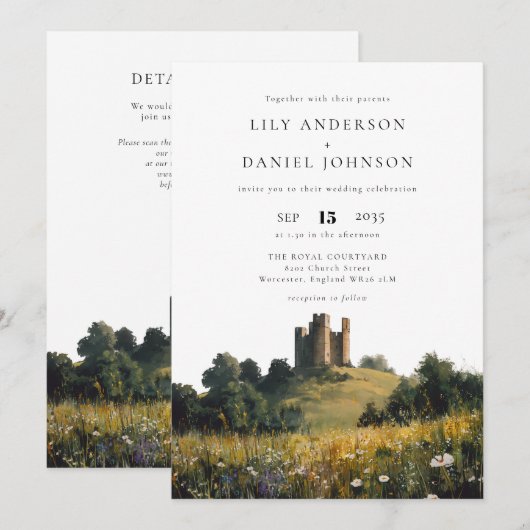 Castle Wildflowers Floral QR Code Wedding Kaart (Voorkant / Achterkant)