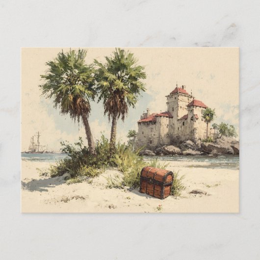 Castle With Palm Trees and Hidden Treasure Chest Briefkaart (Voorkant)
