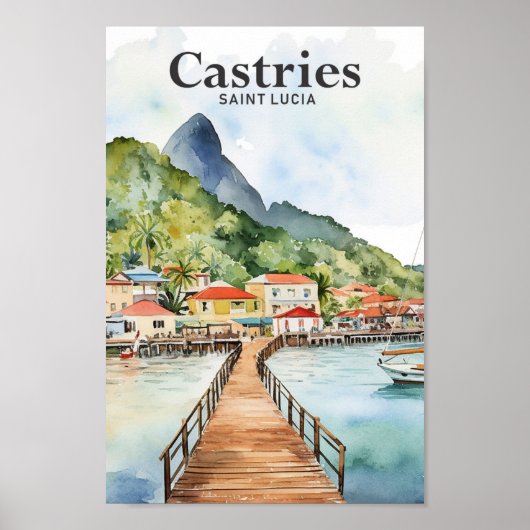 Castries Saint Lucia Waterverf Schilderij Reizen Poster (Voorkant)