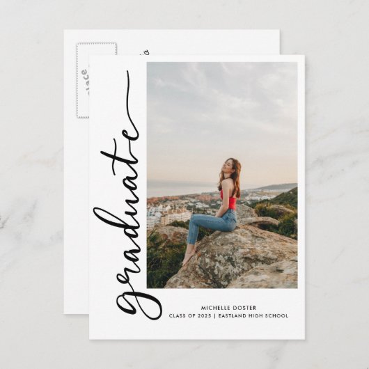 Casual Afstuderen handgeschreven script | Foto Aankondigingskaart (Voorkant / Achterkant)