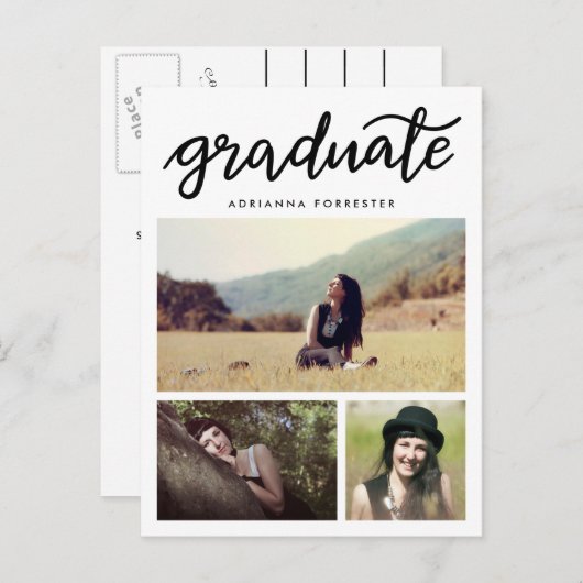 Casual Afstuderen script drie foto's Uitnodiging Briefkaart (Voorkant / Achterkant)