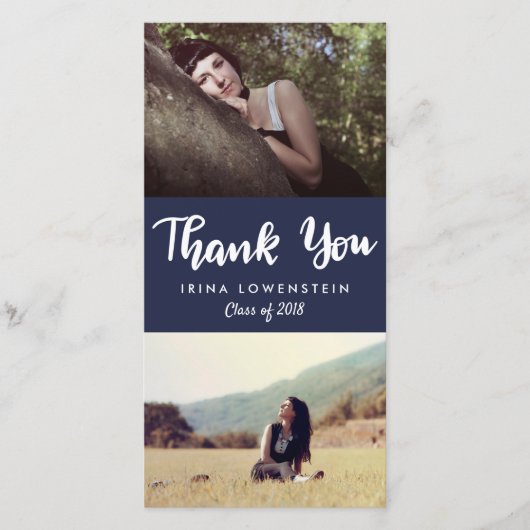 Casual Afstuderen Twee foto Dank je Navy Blue Bedankkaart (Voorkant)