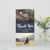 Casual Afstuderen Twee foto Dank je Navy Blue Bedankkaart (Staand voorkant)