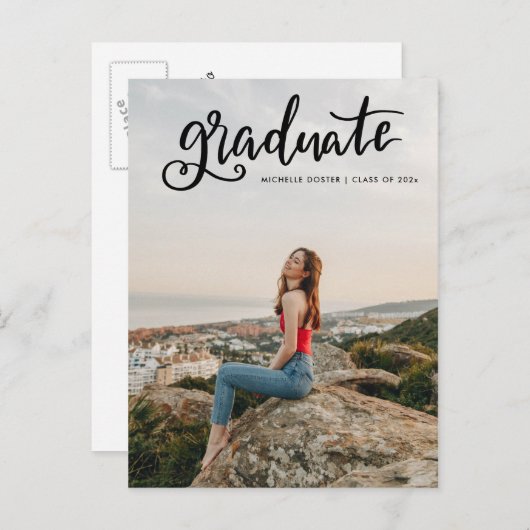 Casual Afstuderen zwart script handgeschreven | Fo Aankondigingskaart (Voorkant / Achterkant)