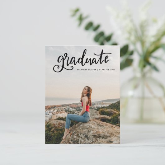 Casual Afstuderen zwart script handgeschreven | Fo Aankondigingskaart (Staand voorkant)