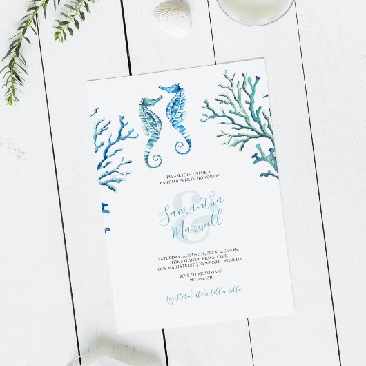 Casual Blue Seahorse Waterverf Baby shower Uitnodi