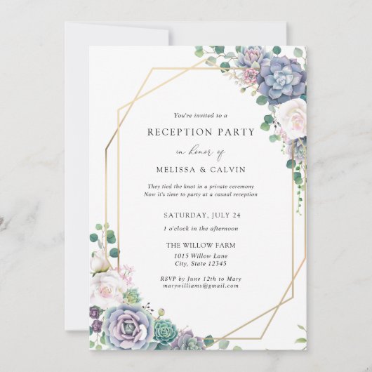 Casual Boho Succulent Wedding Reception Uitnodigin Kaart (Voorkant)