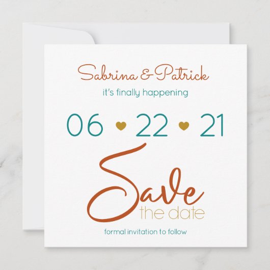 Casual BOHO Vet Blauwgroen Rust Gold Opslaan Datum Kaart (Voorkant)