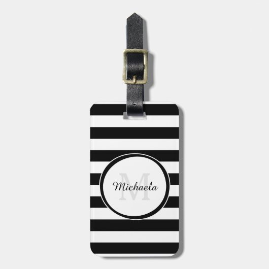 Casual brede zwarte en witte strepen met monogram bagagelabel (Voorkant verticaal)