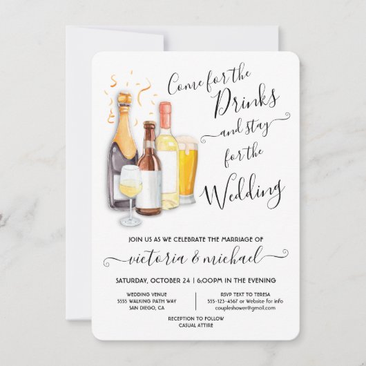Casual bruiloft Kom voor drink uitnodiging (Voorkant)