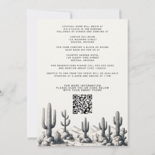 Casual Cactus Bruiloft met QR Code & Details Kaart (Achterkant)