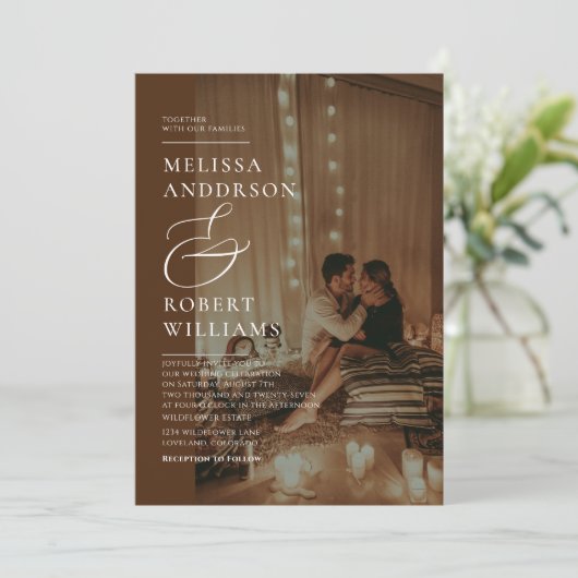 Casual Chic Gold en bruin fotohuwelijk Kaart (Staand voorkant)