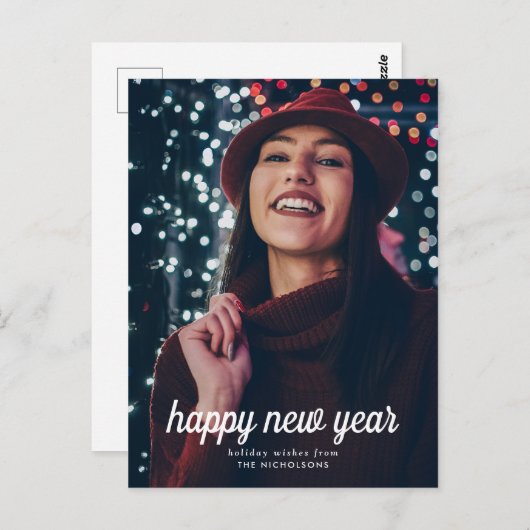 Casual Elegant Gelukkig Nieuwjaar Script Foto Briefkaart (Voorkant / Achterkant)