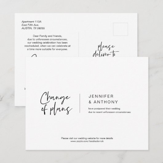Casual elegantie, wijziging van plannen, uitgestel briefkaart (Voorkant / Achterkant)