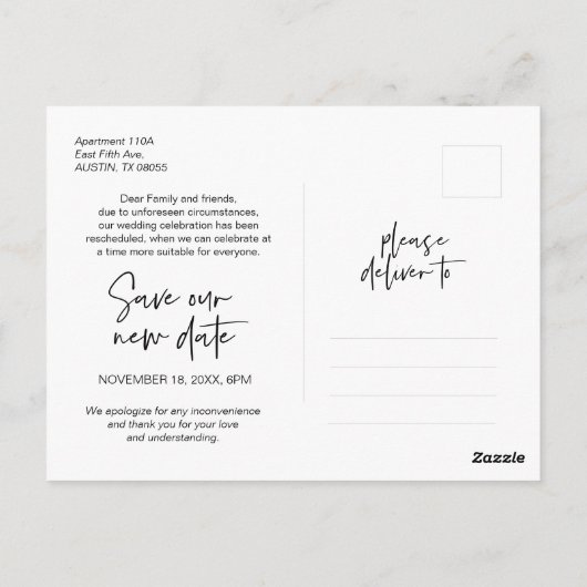 Casual elegantie, wijziging van plannen, uitgestel briefkaart (Achterkant)