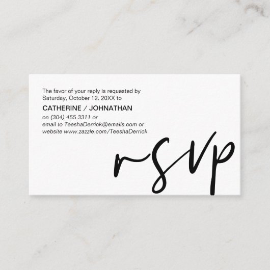 Casual elegantie, zwart script, RSVP-respons Informatiekaartje (Voorkant)