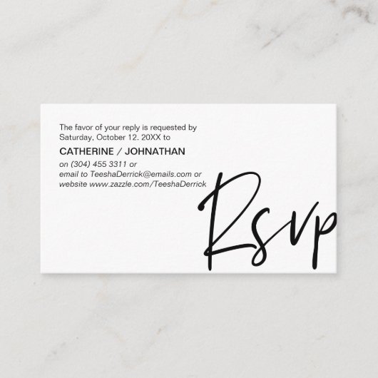 Casual elegantie, zwart script, RSVP-respons Informatiekaartje (Voorkant)