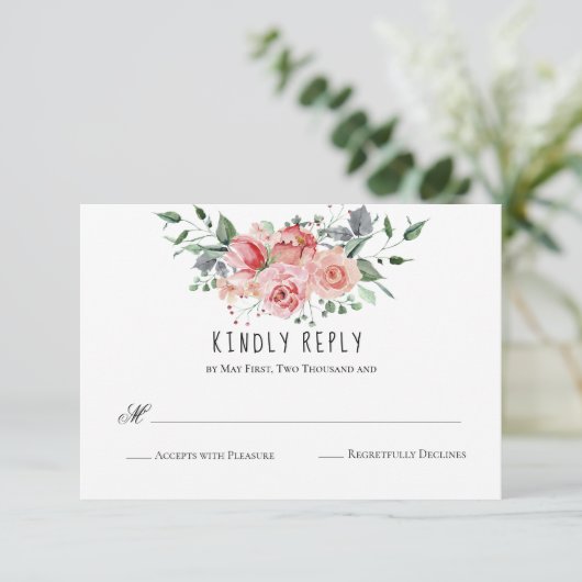 Casual en eenvoudige roze Waterverf Floral Bouquet RSVP Kaartje (Staand voorkant)