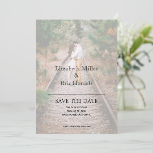 Casual Faux Vellum Verloving Foto slaat de datum o Save The Date (Staand voorkant)