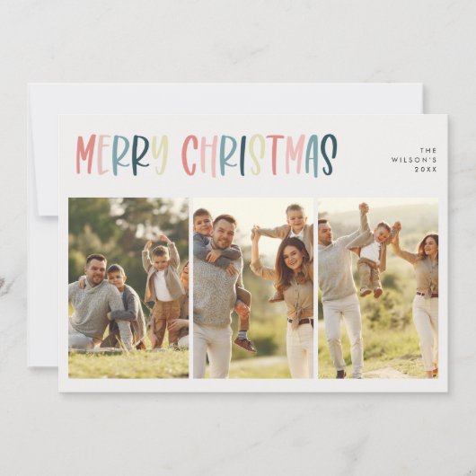 Casual feestelijke kleurrijke kerst drie foto feestdagenkaart (Voorkant)