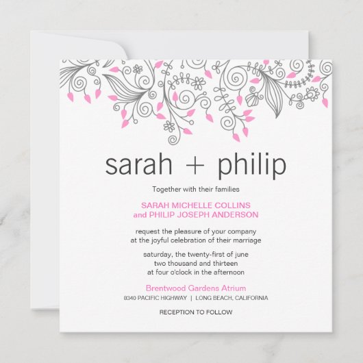 Casual Floral Fancy Swirls Wedding Invitations Kaart (Voorkant)