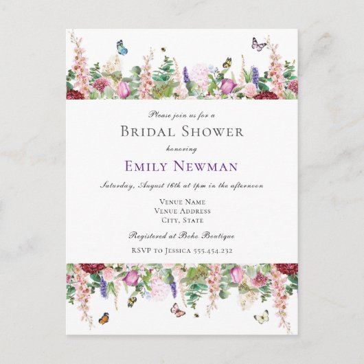 Casual Florals & Vlinders Vrijgezellenfeest Uitnodiging Briefkaart (Voorkant)