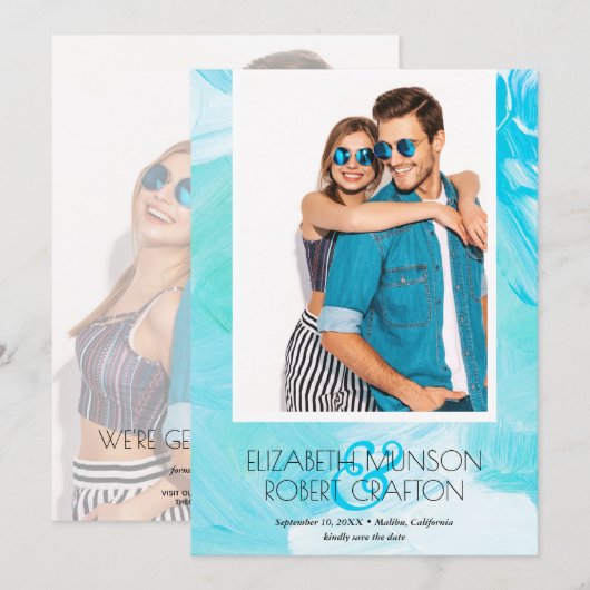 Casual foto Weddenschap Turquoise Save the Date (Voorkant / Achterkant)