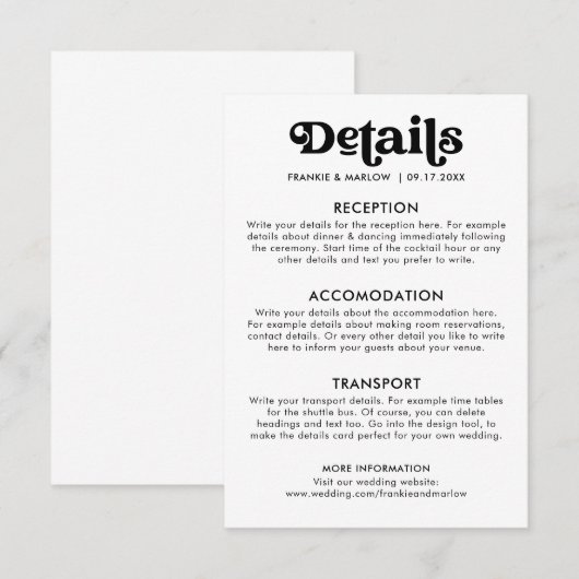 Casual gegevens over de moderne minimalistische re informatiekaartje (Voorkant / Achterkant)