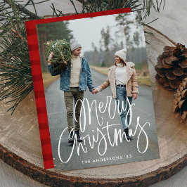 Casual handgeschreven kerstfoto met handschrift feestdagenkaart