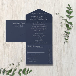 Casual handgeschreven typografie Silver & Navy All In One Uitnodiging