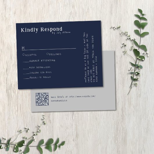 Casual handgeschreven typografie Silver & Navy RSVP Kaartje