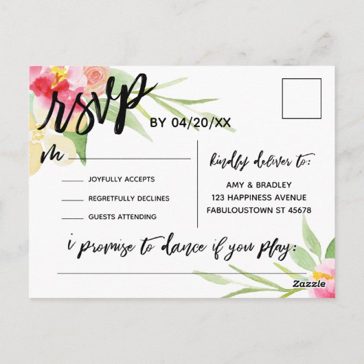 Casual handschrift Boho Floral RSVP Song Verzoek Briefkaart (Achterkant)
