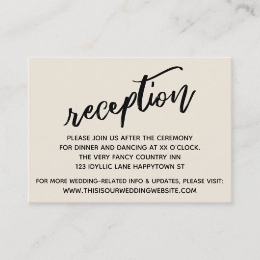 Casual handschrift crème bruiloft receptie informatiekaartje (Voorkant)