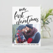 Casual handschrift onze eerste kerst, foto feestdagenkaart (Staand voorkant)