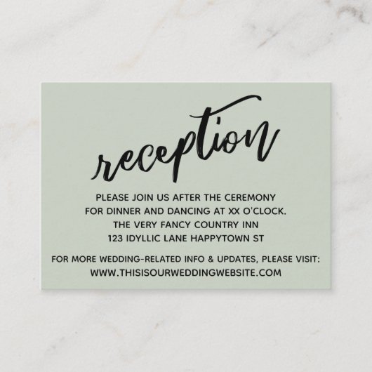 Casual handschrift Sage Green bruiloft receptie Informatiekaartje (Voorkant)