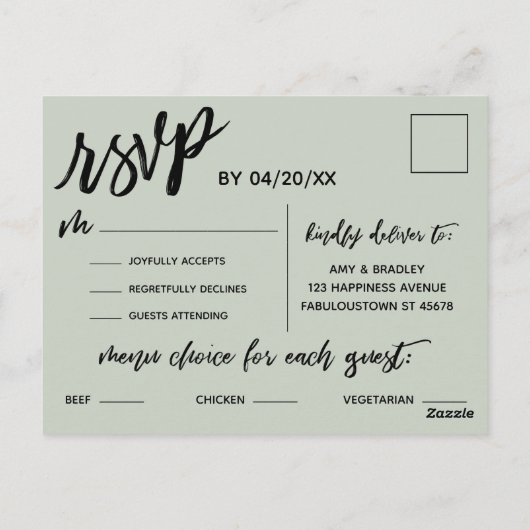 Casual Handschrift Sage Groen Menu Keuze RSVP (Achterkant)
