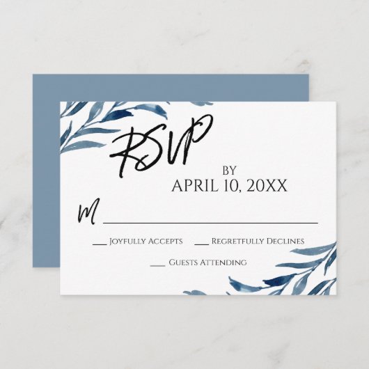 Casual handschrift script blauw geschilderde blade RSVP kaartje (Voorkant / Achterkant)