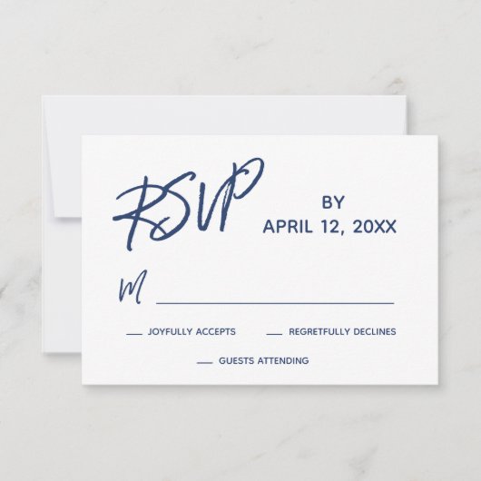 Casual handschrift script marineblauw bruiloft RSVP kaartje (Voorkant)