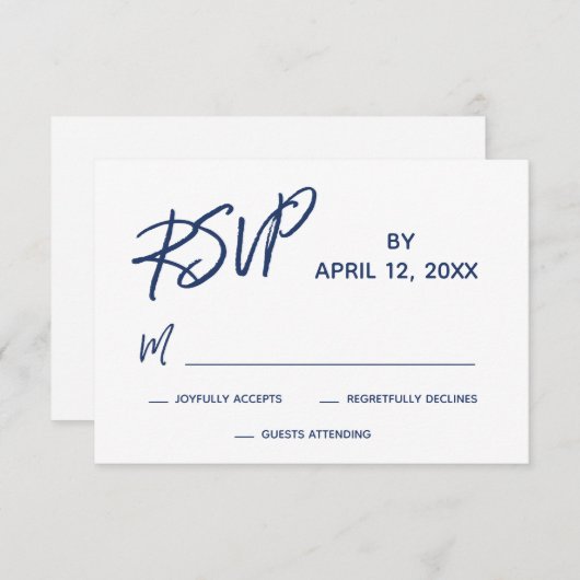 Casual handschrift script marineblauw bruiloft RSVP kaartje (Voorkant / Achterkant)