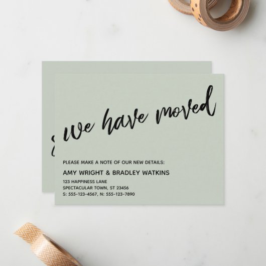 Casual handschrift We hebben verplaatst Sage aanko Notitiekaartje (Voorkant / Achterkant in situ)