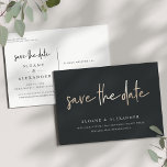 Casual kettinggoud | Modern Wedding Save the Date Aankondigingskaart<br><div class="desc">Een modern sparen het datumbriefkaart met "sparen de datum"in faux gouden folie handgeschreven het schrijven op een rijke, zachte zwarte achtergrond. Pas je aan met je namen, trouwdatum en trouwlocatie onder in witte letters. De briefkaarten keren aan extra show terug sparen de datumdetails, met inbegrip van uw trouwwebsite, met uw...</div>