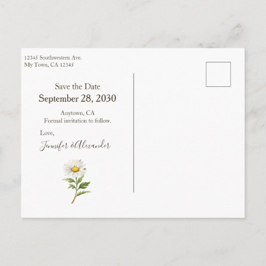 Casual Landenfoto Daisy Sla de datum op Aankondigingskaart (Achterkant)